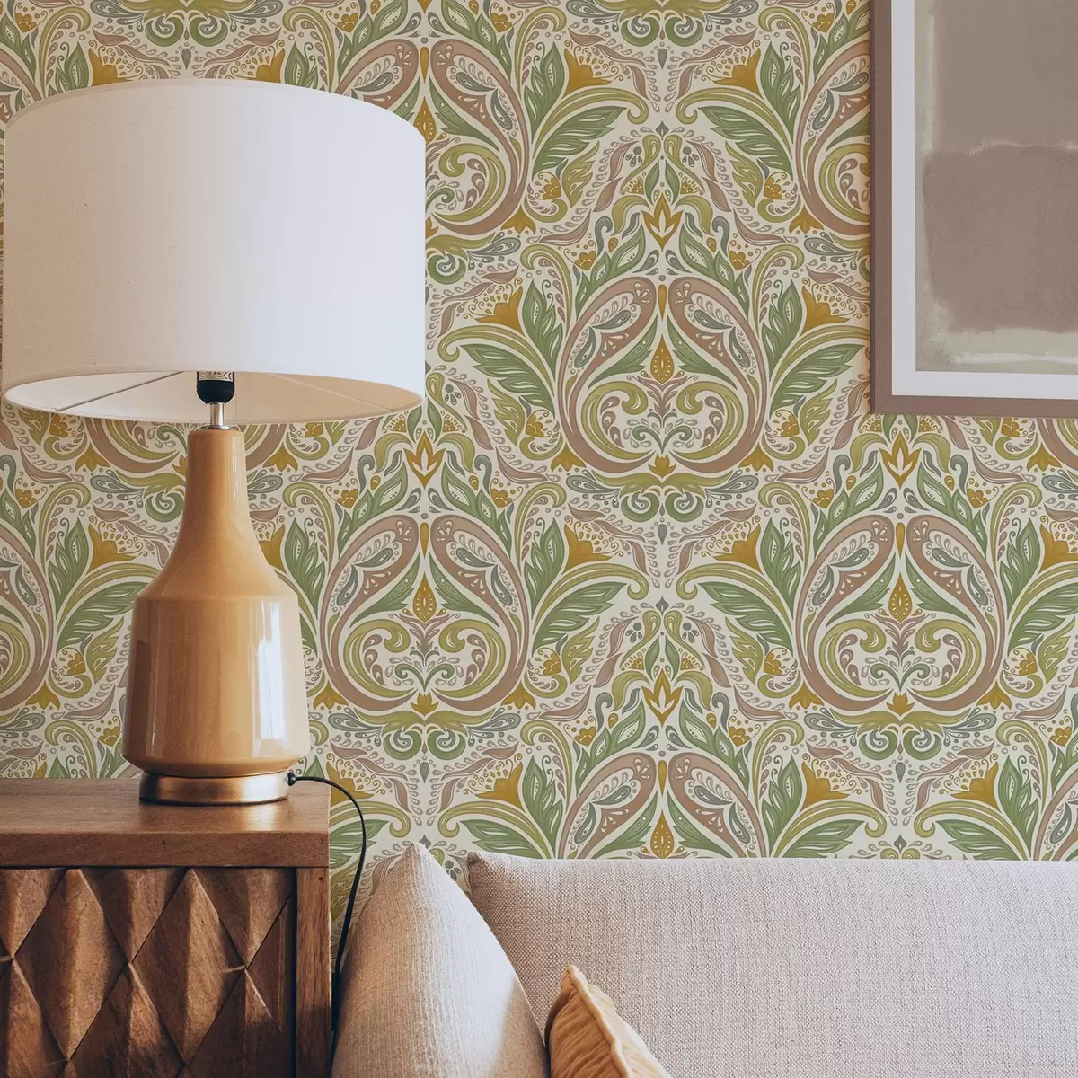 Позадина Украсни лиснати вртлози у зеленим и теракотним тоновима a00927v1