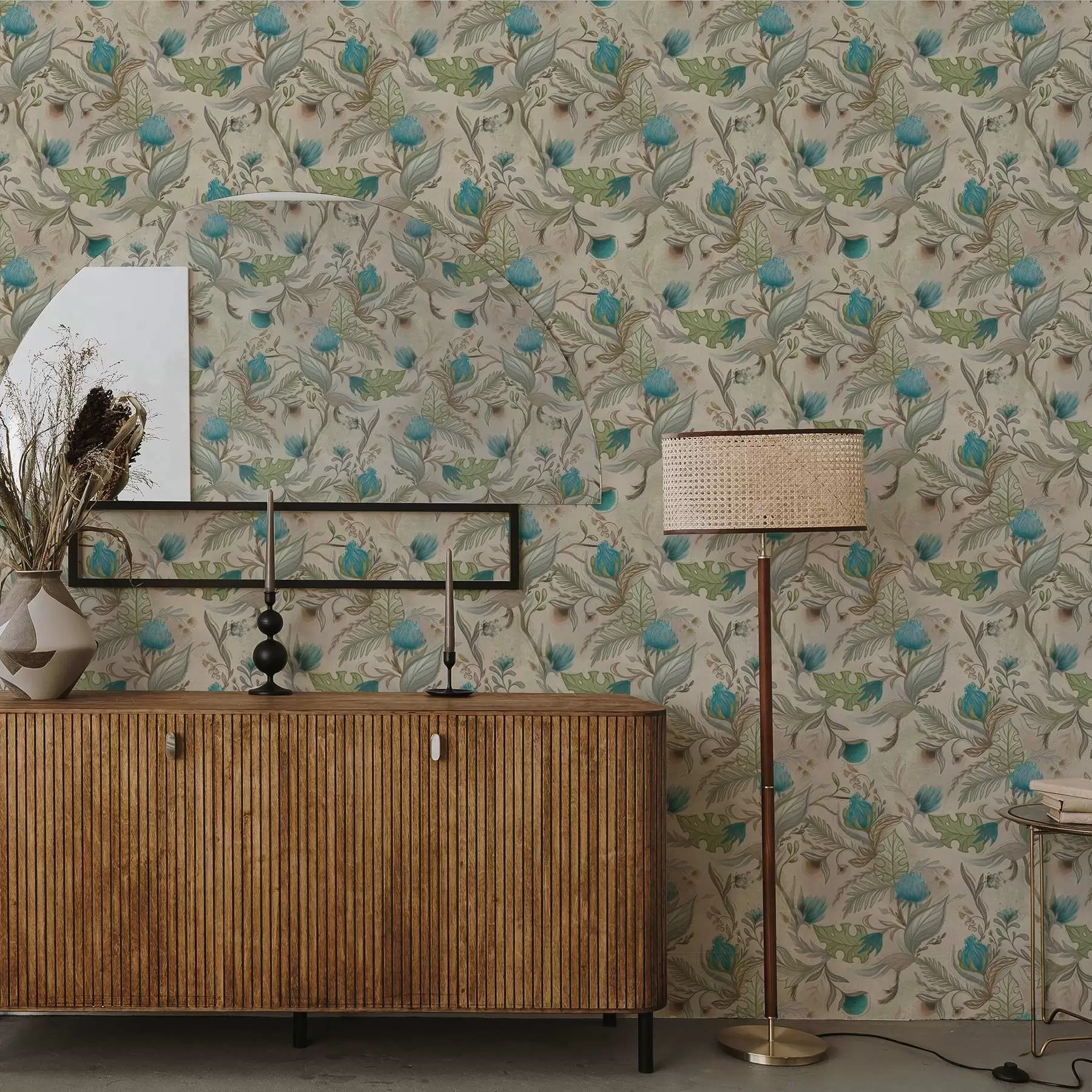 wall murals Плави пупољци и листови на светло беж позадини a00930