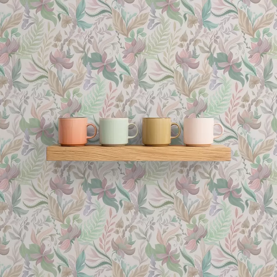 wall murals Нежно пастелно цвеће и лишће на светлој позадини a00931