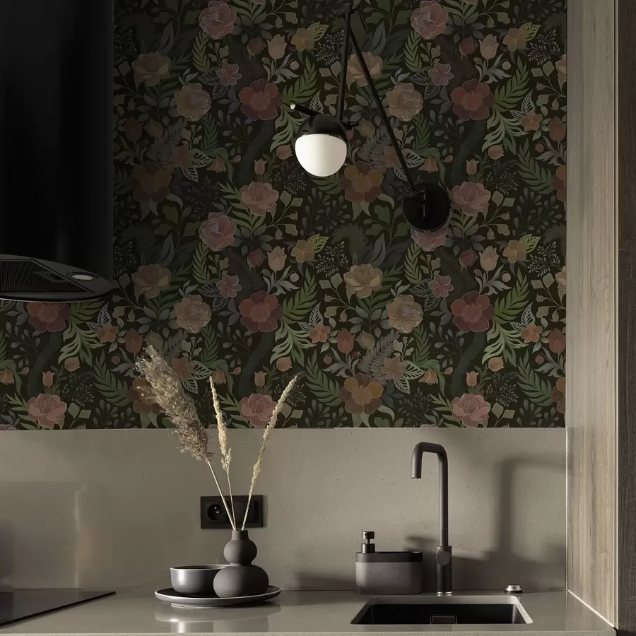 wall murals Богато цвеће и зеленило на дубокој тамној позадини a00932