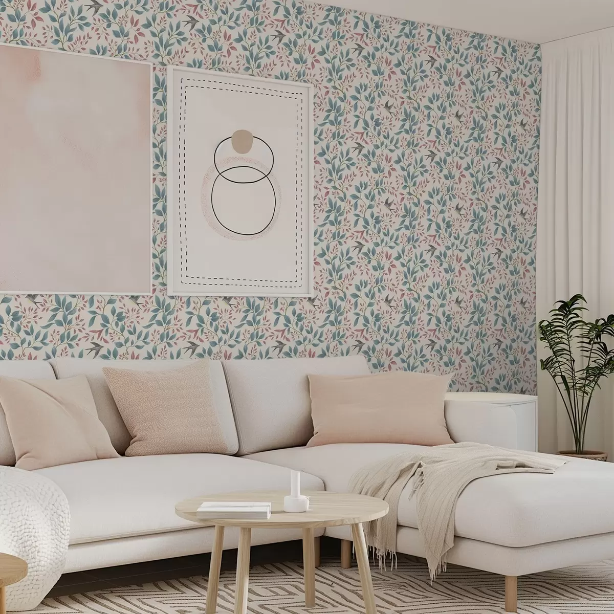 Позадина Плаве и ружичасте гране са птицама на кремастој позадини a00933