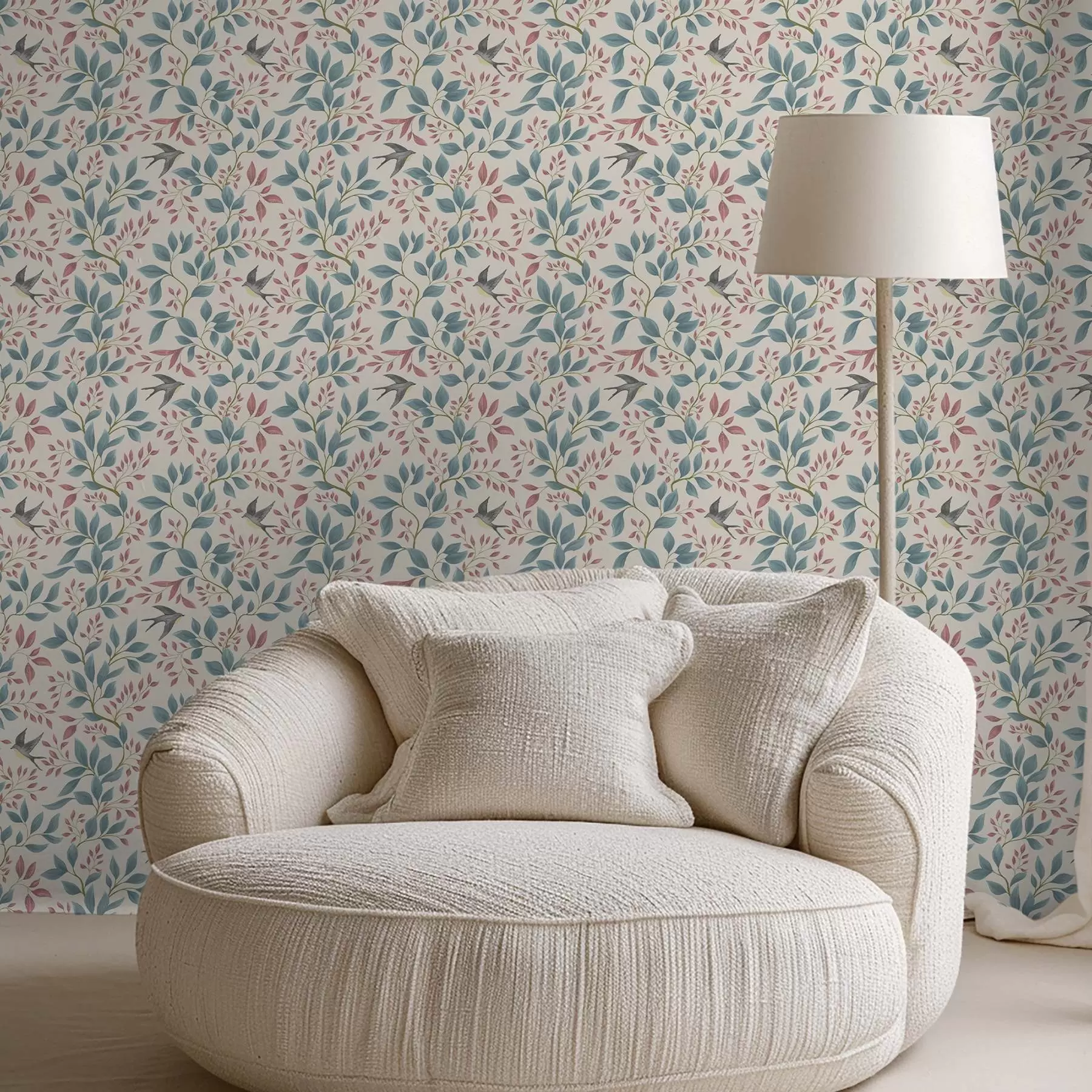 wall murals Плаве и ружичасте гране са птицама на кремастој позадини a00933