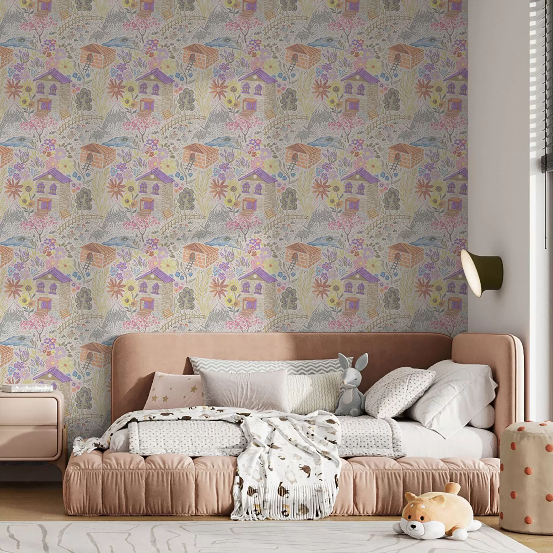 wall murals Дечји цртеж села са кућом, планинама и цвећем a00952