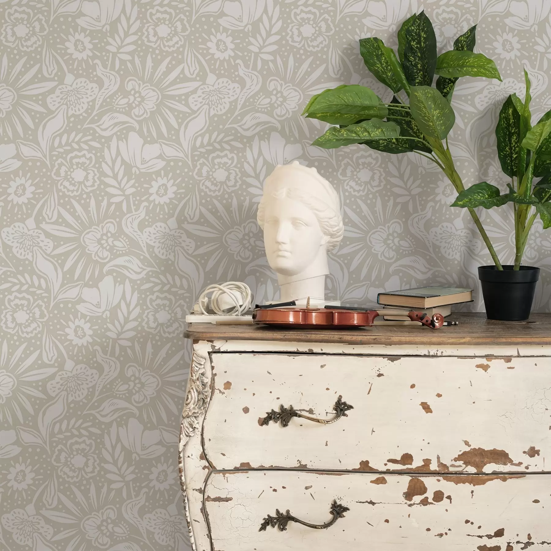 wall murals Бели линеарни цветни орнамент на беж позадини a00956