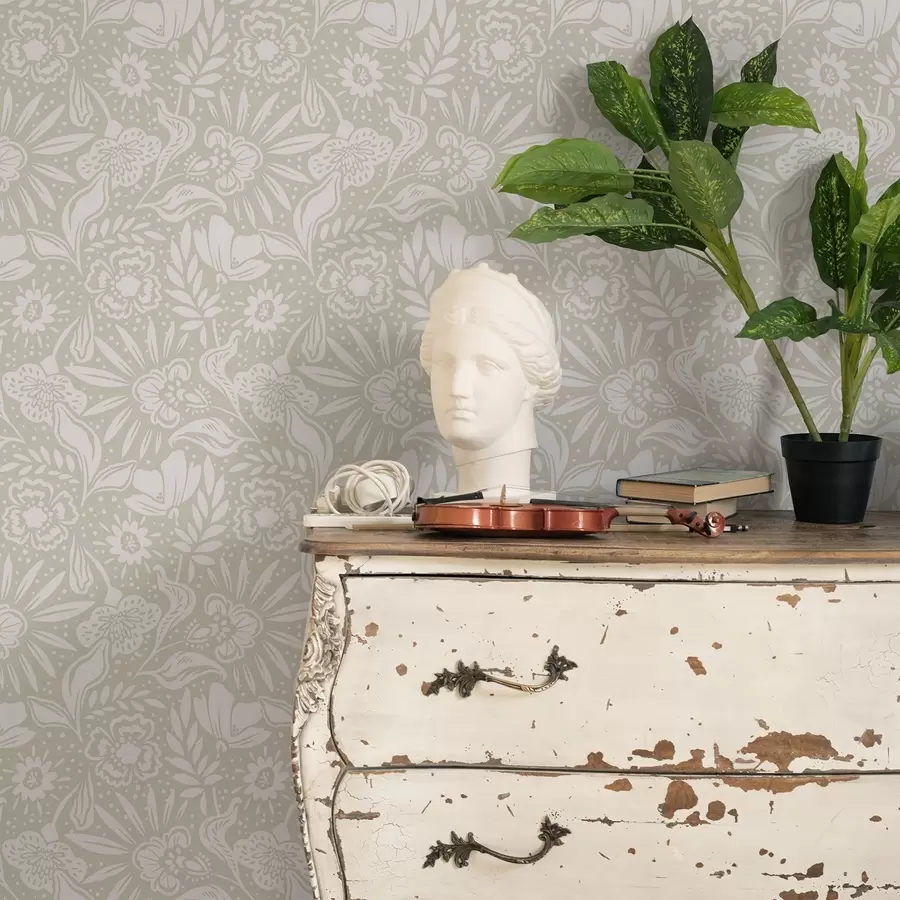 wall murals Бели линеарни цветни орнамент на беж позадини a00956