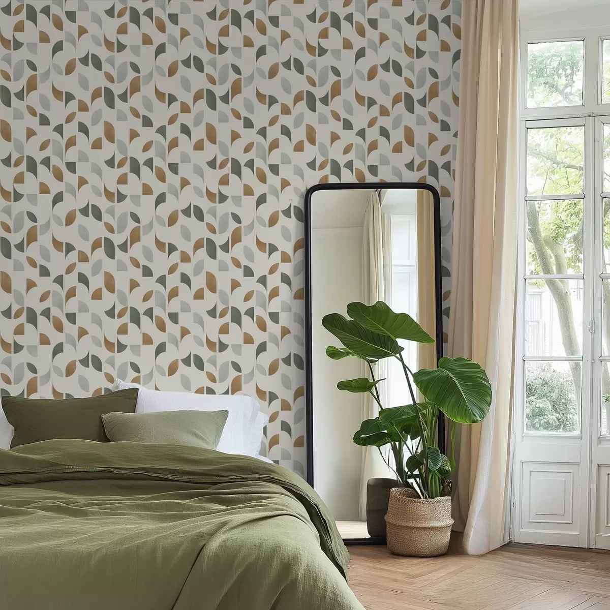 Позадина Апстрактни полукругови и листови у зеленој и теракотној боји a00985