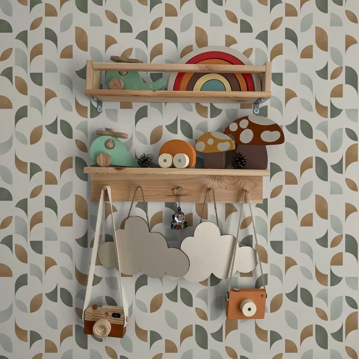 Позадина Апстрактни полукругови и листови у зеленој и теракотној боји a00985