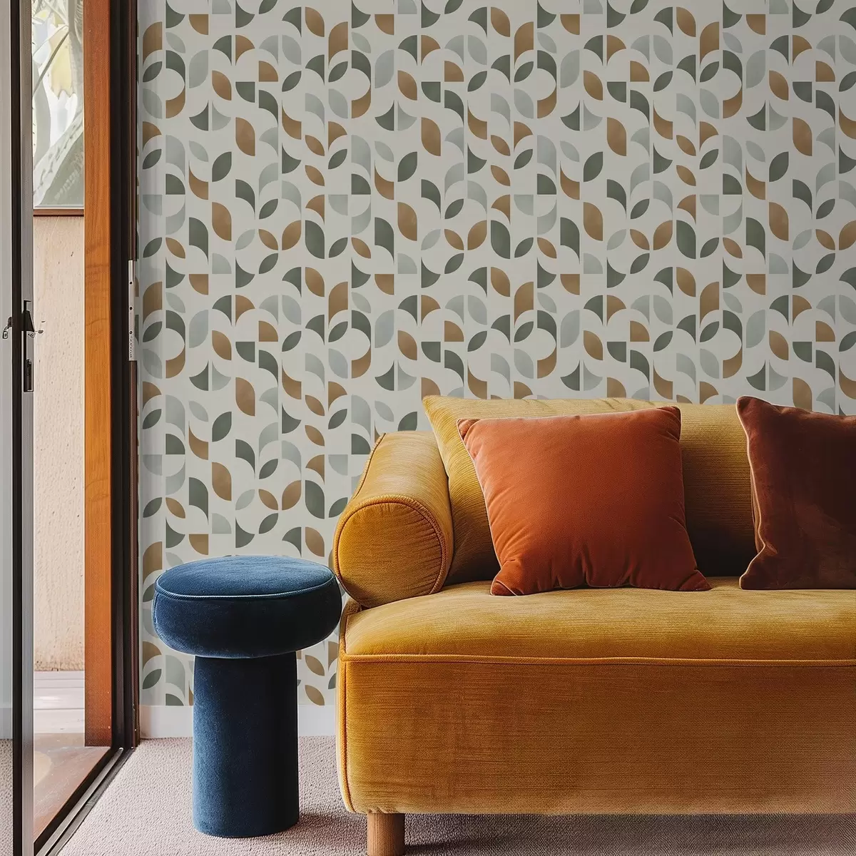 Позадина Вертикални стубови од полукругова и листова, зелено-теракота a00986