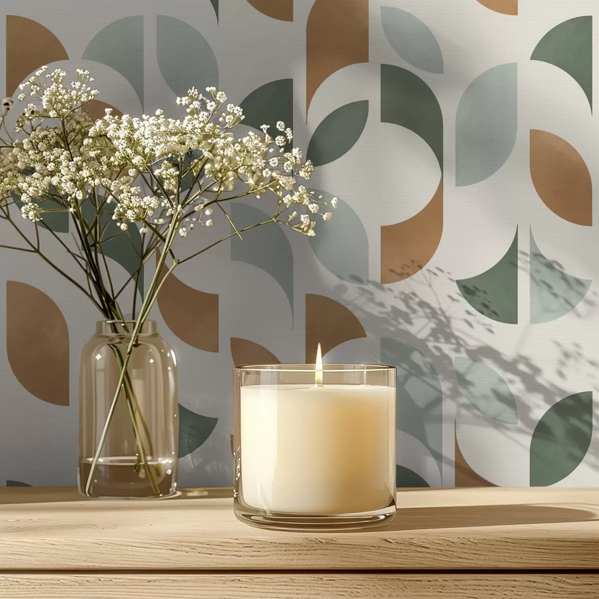 Позадина Вертикални стубови од полукругова и листова, зелено-теракота a00986