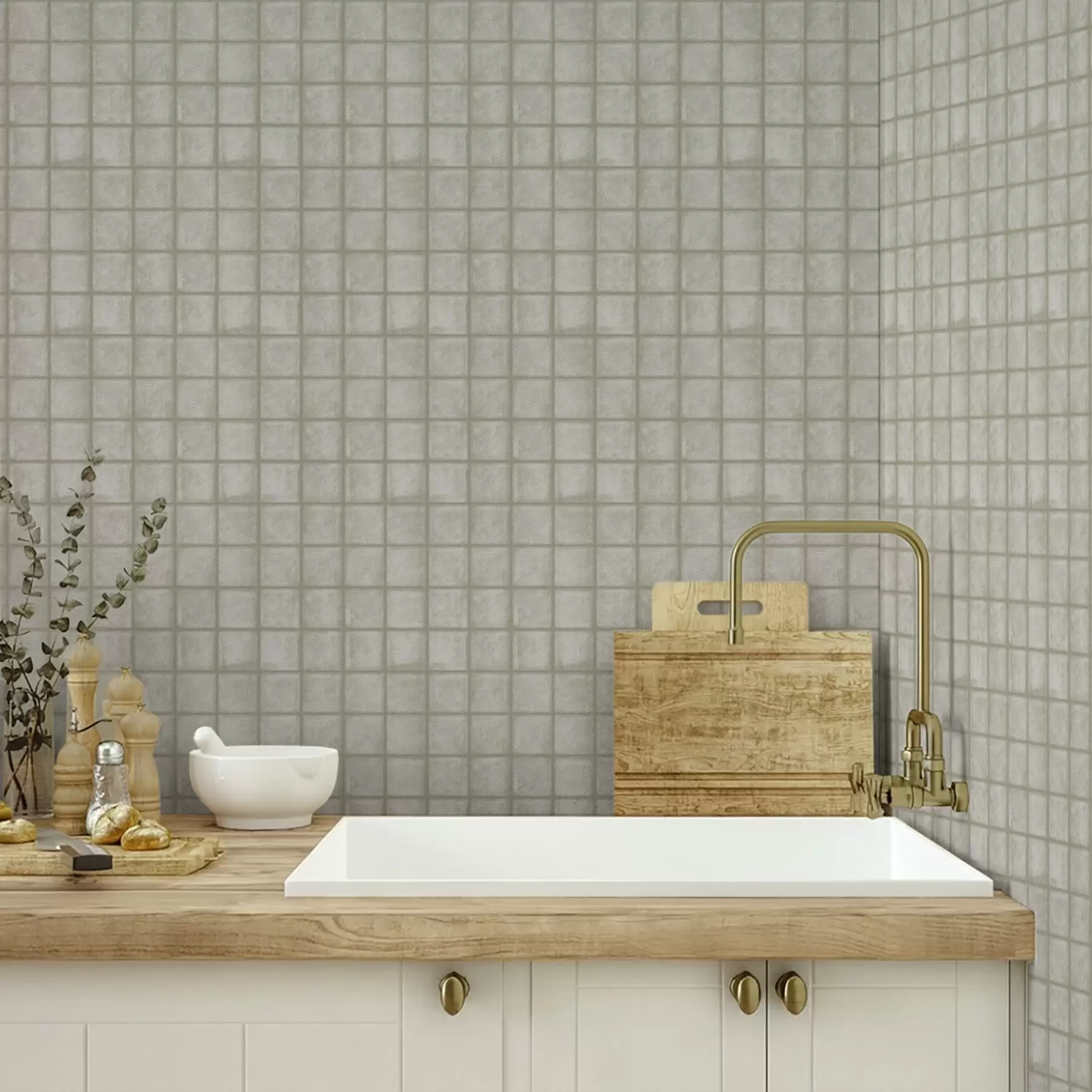 wall murals Имитација квадратних плочица у мекој сиво-зеленој палети a00988