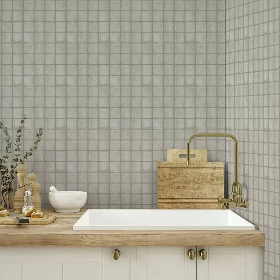 wall murals Имитација квадратних плочица у мекој сиво-зеленој палети a00988