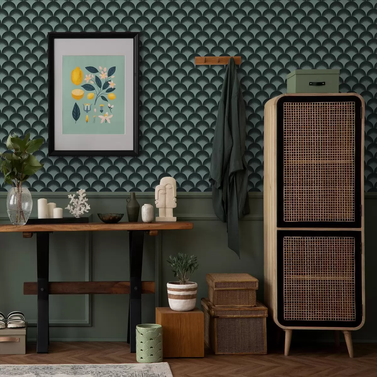 Позадина Контрастне лепезе боје менте на готово црној позадини a00990