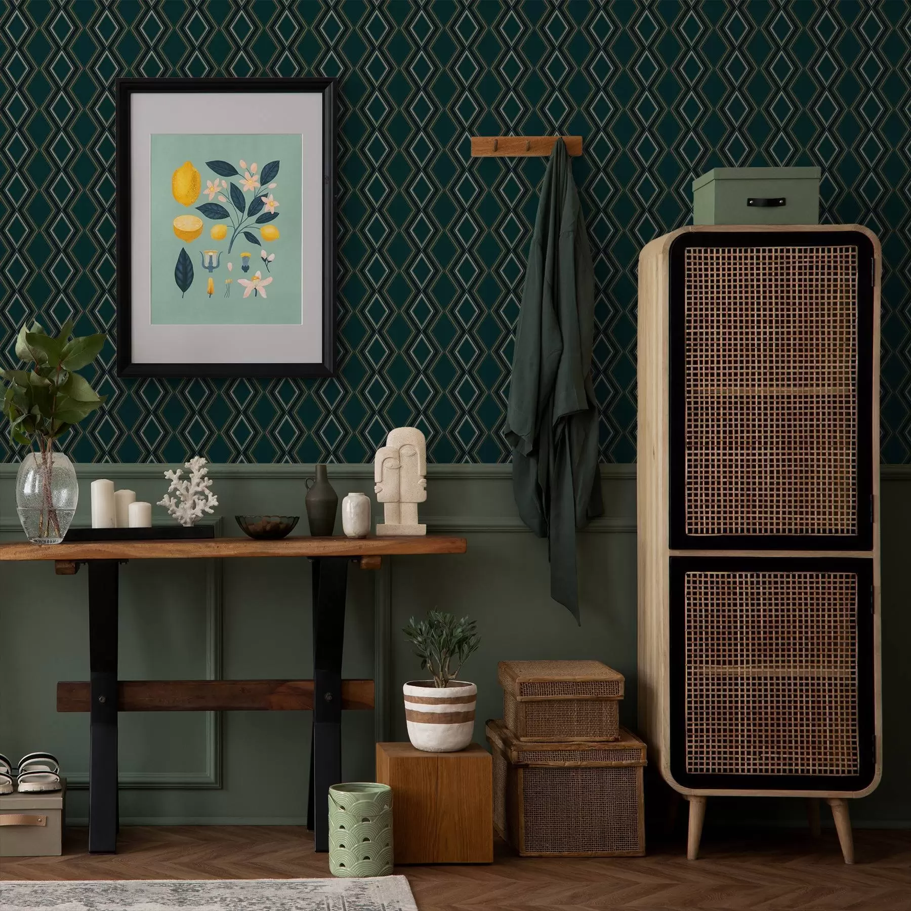 wall murals Тамнозелена позадина са вертикалним редовима дијаманата a00976