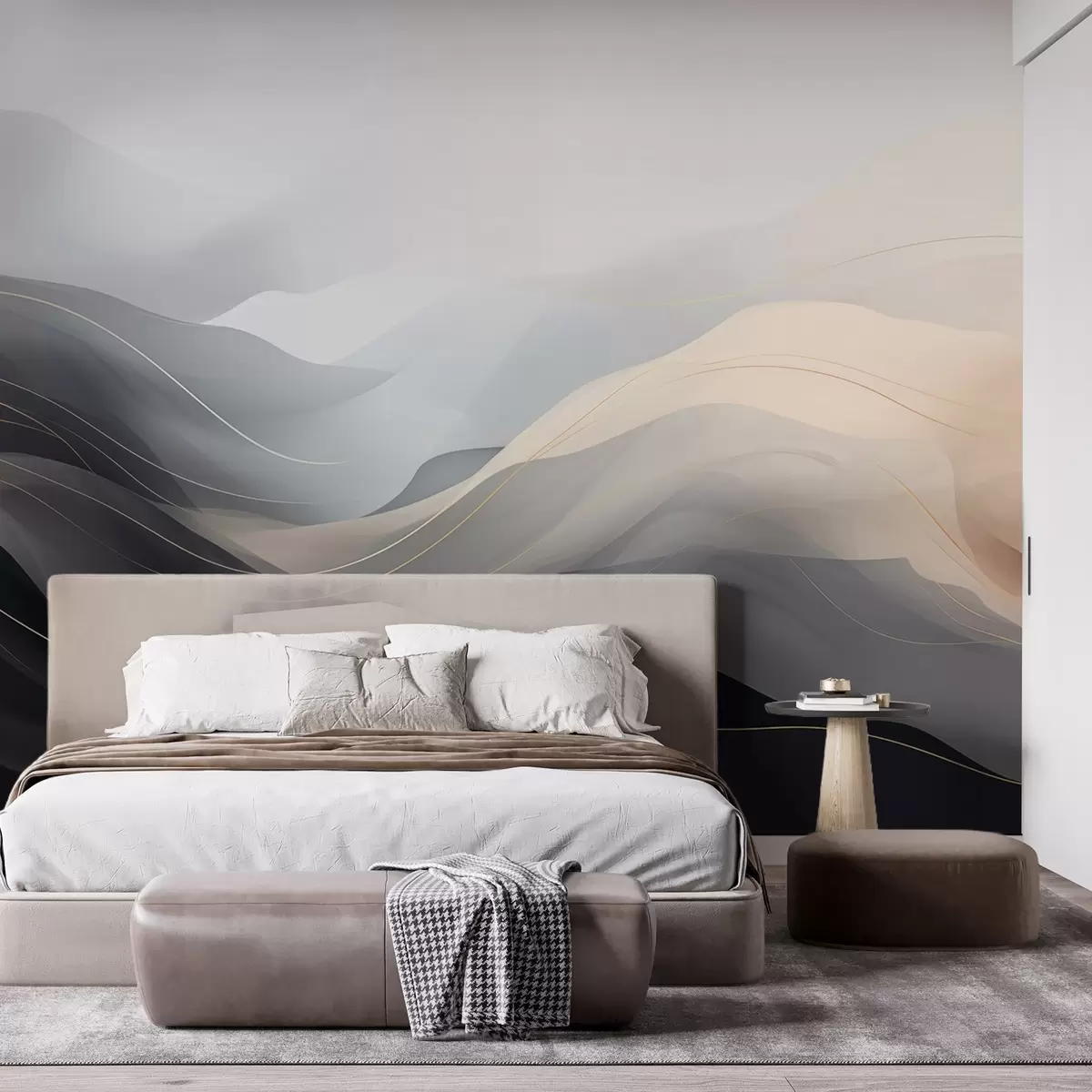 wall murals Апстрактни магловити таласи у сиво-крем тоновима са жутим линијама w09504