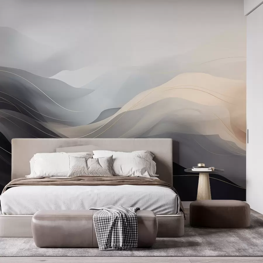 wall murals Апстрактни магловити таласи у сиво-крем тоновима са жутим линијама w09504