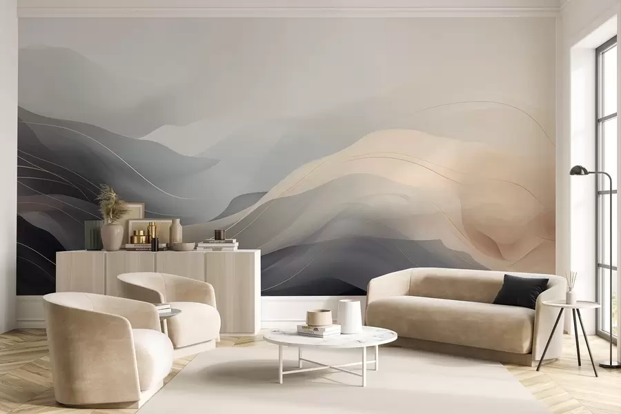 wall murals Апстрактни магловити таласи у сиво-крем тоновима са жутим линијама w09504