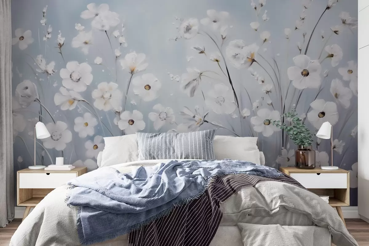 wall murals Бело цвеће на плавом небу у стилу уљаног сликарства w09516