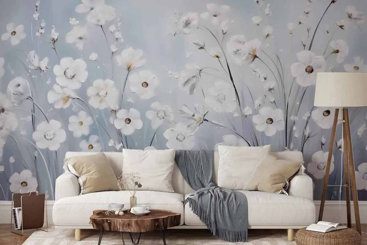 wall murals Бело цвеће на плавом небу у стилу уљаног сликарства w09516
