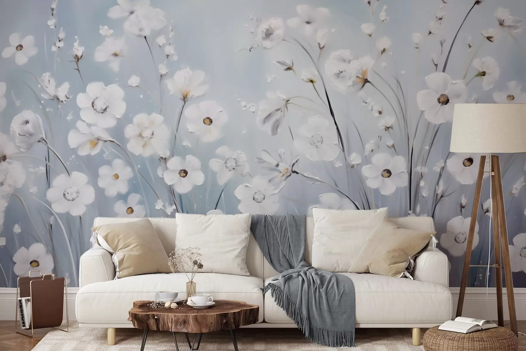 wall murals Бело цвеће на плавом небу у стилу уљаног сликарства w09516