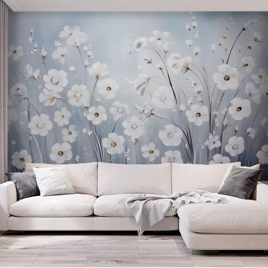 wall murals Бело цвеће на плавом небу у стилу уљаног сликарства w09516