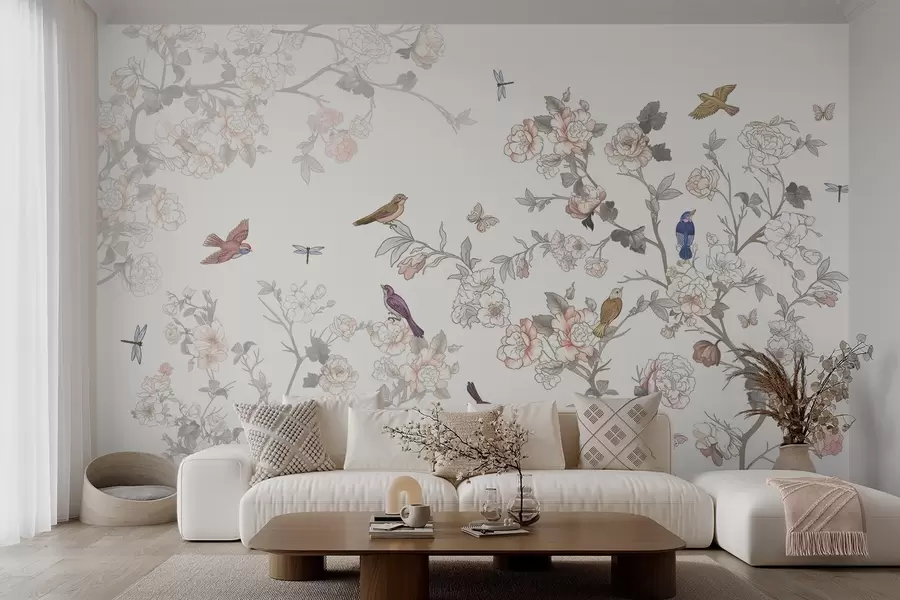 wall murals Птице близу грана са цвећем w04939