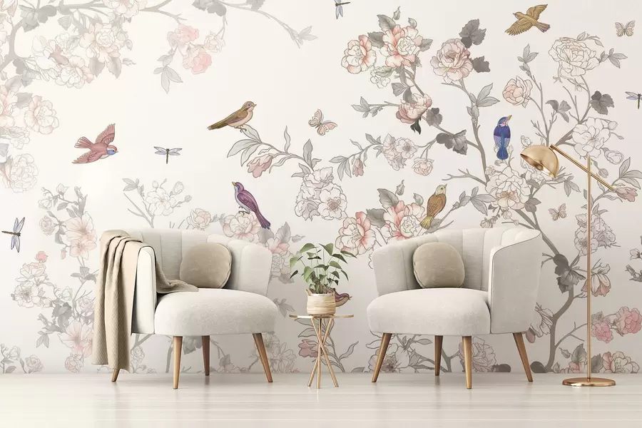 wall murals Птице близу грана са цвећем w04939