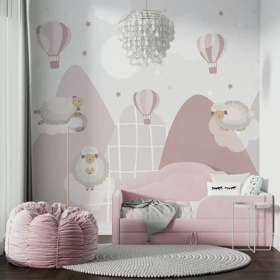 wall murals Спавајуће овце на ружичастим планинама w04932