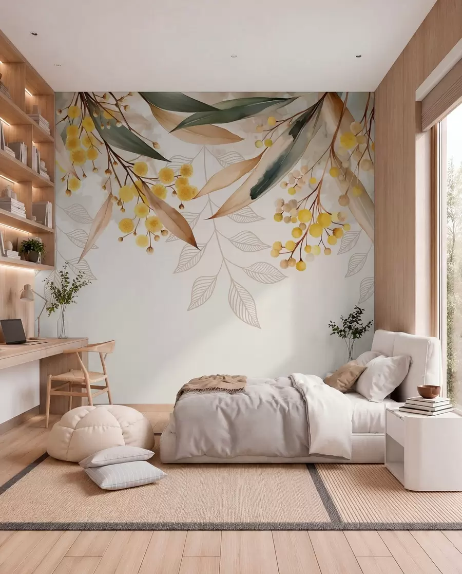 wall murals цветови и листови мимозе падају одозго у акварелном стилу w04880