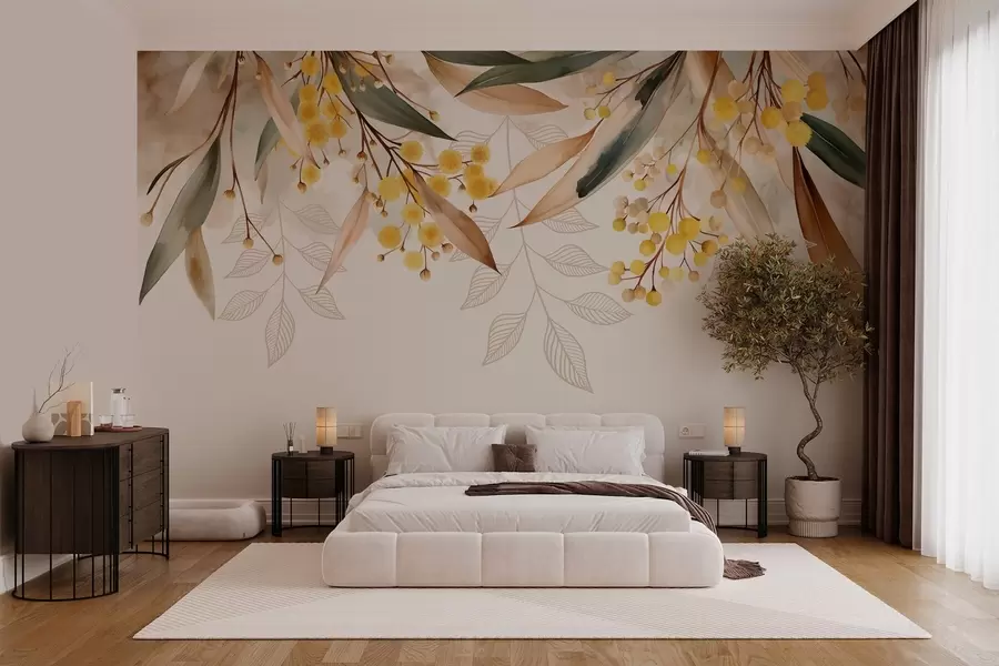 wall murals цветови и листови мимозе падају одозго у акварелном стилу w04880
