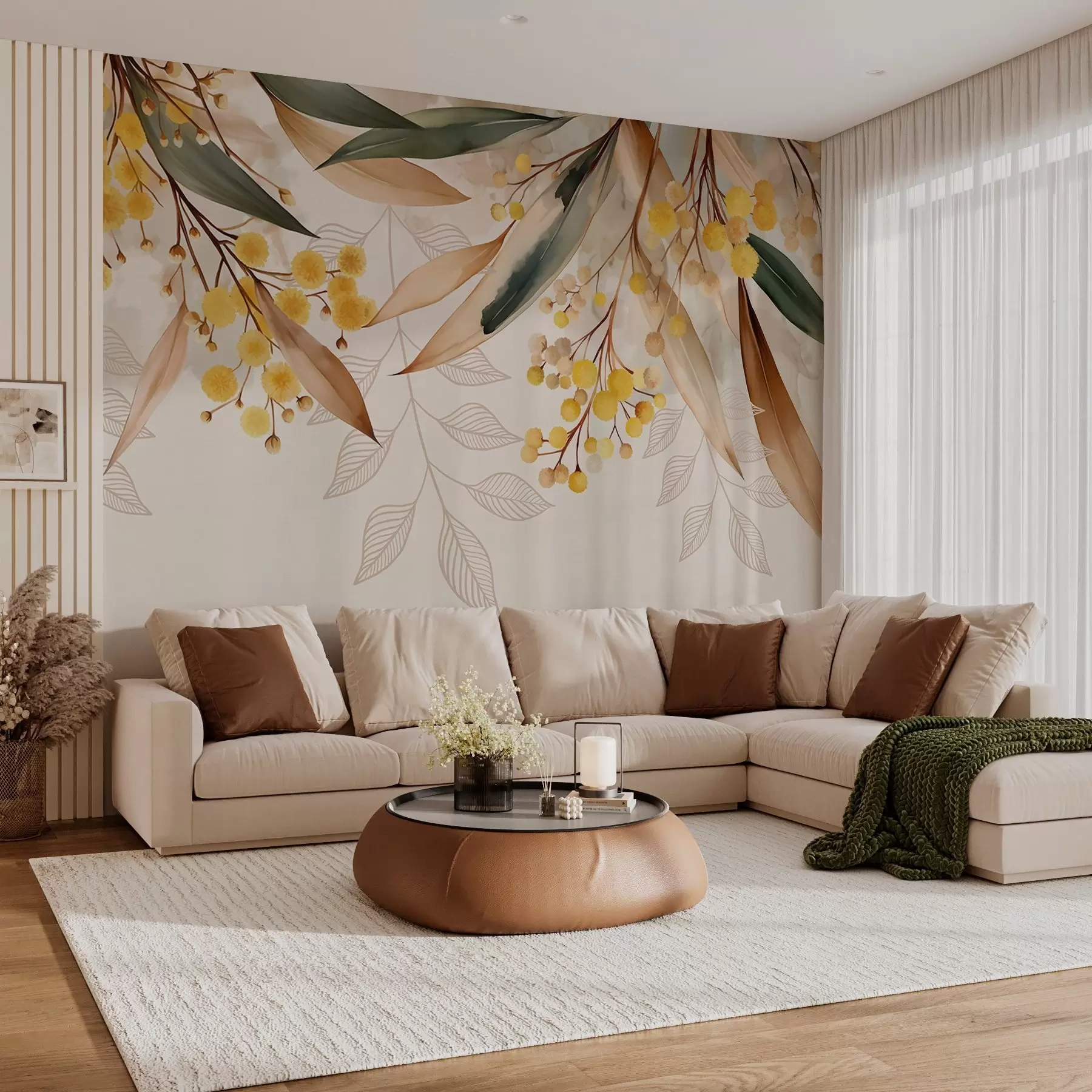 wall murals цветови и листови мимозе падају одозго у акварелном стилу w04880