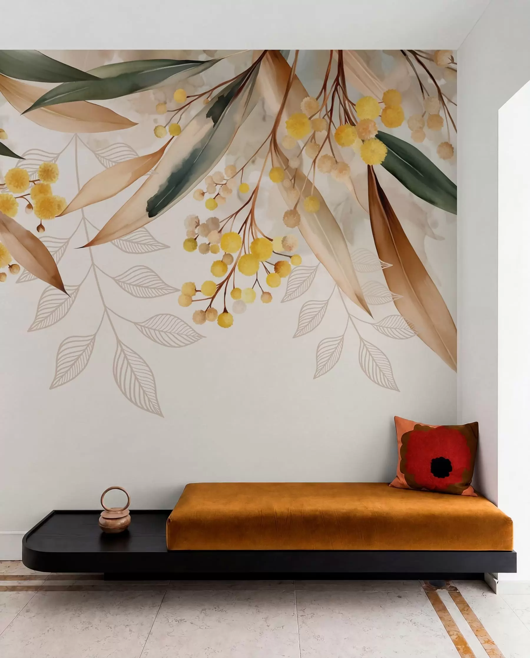 wall murals цветови и листови мимозе падају одозго у акварелном стилу w04880