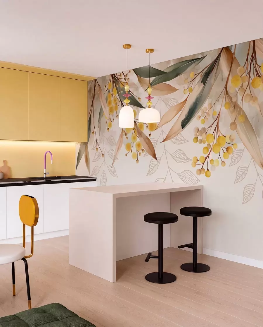 wall murals цветови и листови мимозе падају одозго у акварелном стилу w04880