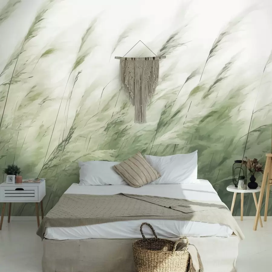 wall murals Светле траве на ветру, меки зелено-бели потези w04957