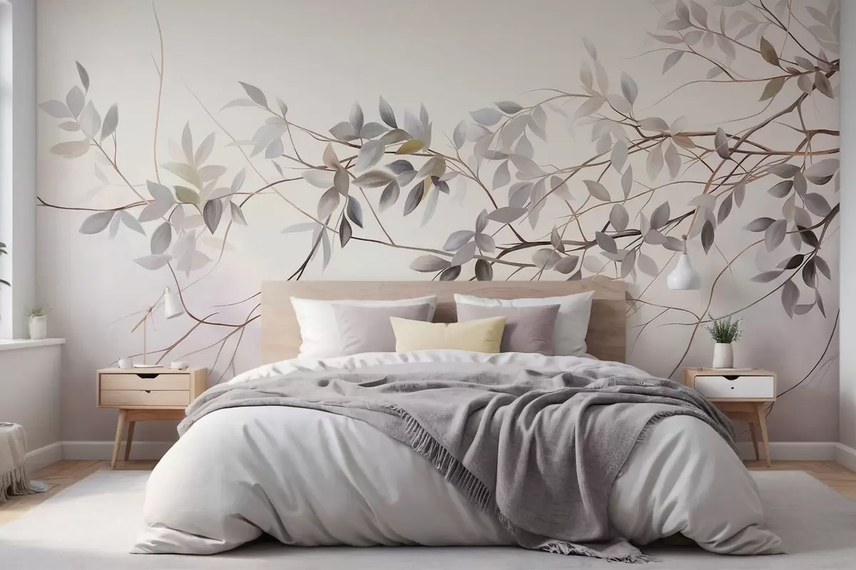wall murals Нежне текстуриране гране са пригушеним сивим, љубичастим и зеленим листовима на мекој, замућеној позадини w09336