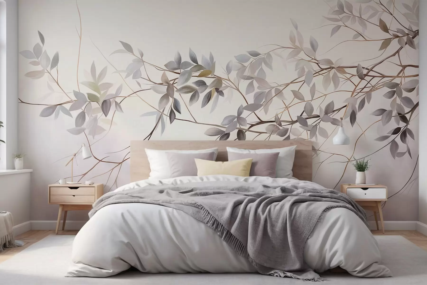 wall murals Нежне текстуриране гране са пригушеним сивим, љубичастим и зеленим листовима на мекој, замућеној позадини w09336