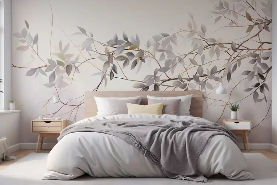 wall murals Нежне текстуриране гране са пригушеним сивим, љубичастим и зеленим листовима на мекој, замућеној позадини w09336