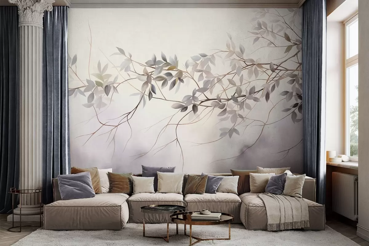 wall murals Нежне текстуриране гране са пригушеним сивим, љубичастим и зеленим листовима на мекој, замућеној позадини w09336