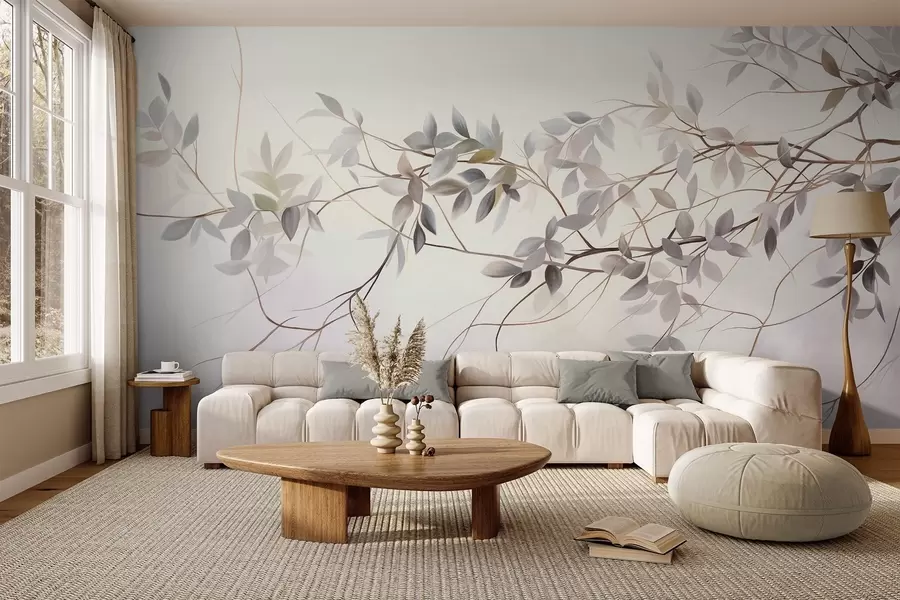 wall murals Нежне текстуриране гране са пригушеним сивим, љубичастим и зеленим листовима на мекој, замућеној позадини w09336