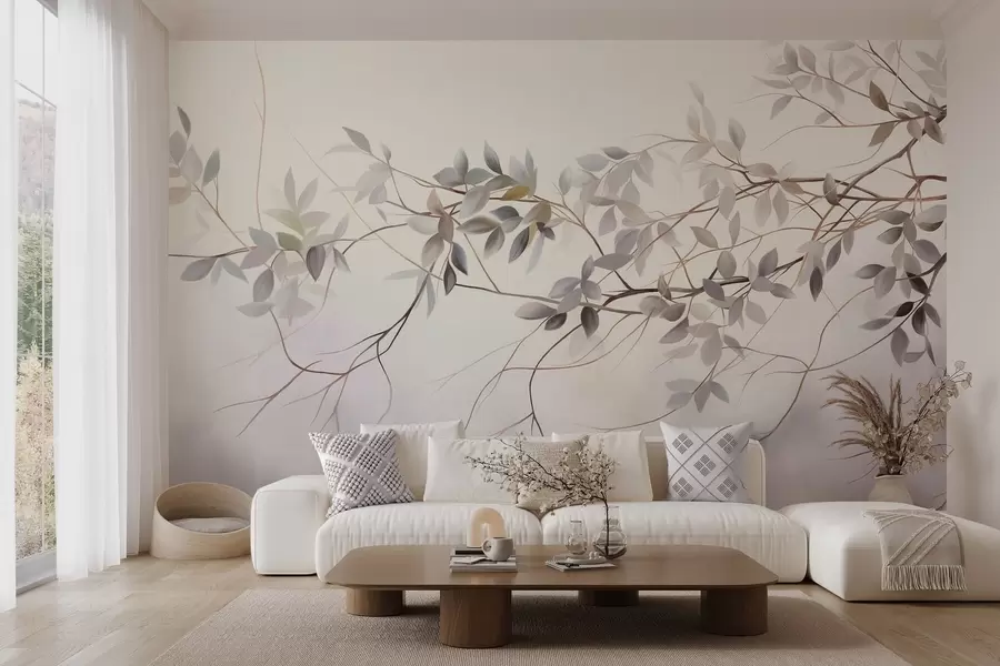 wall murals Нежне текстуриране гране са пригушеним сивим, љубичастим и зеленим листовима на мекој, замућеној позадини w09336