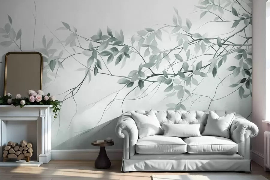 wall murals Нежне текстуриране гране са пригушеним сивим и зеленим листовима на мекој, замућеној позадини w09336v1