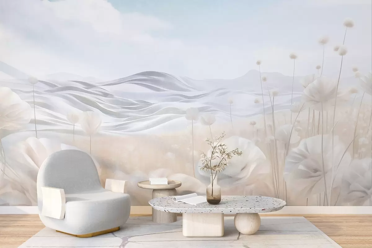 wall murals Текстурирано поље кремастих макова са валовитим брдима под бледоплавим небом са меким облацима, пастелним бојама w09553