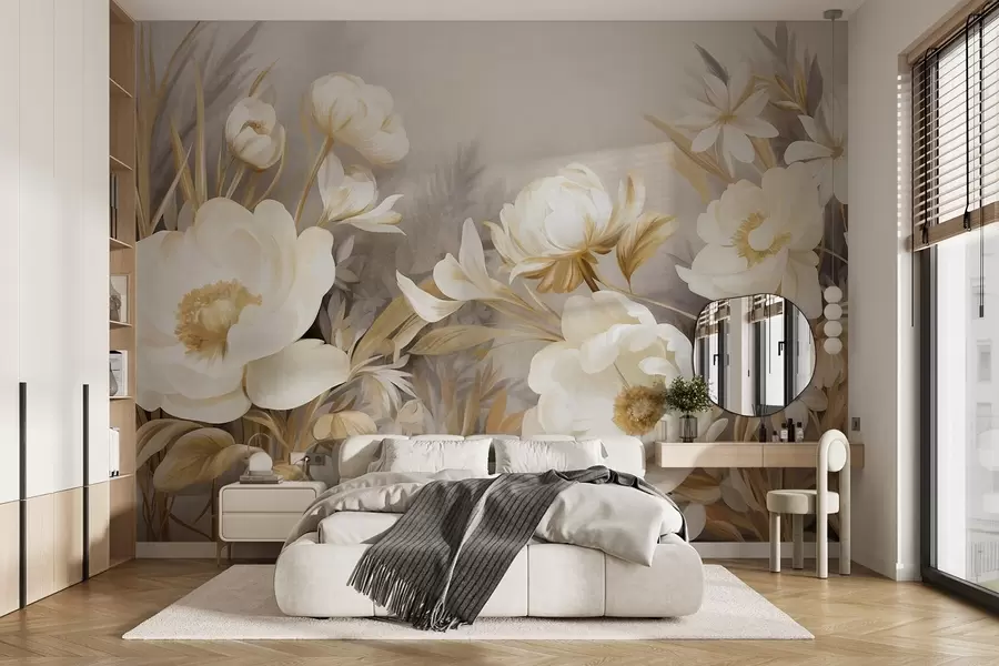 wall murals Бели и жути божури и друго цвеће са високом травом и лишћем у меком, сликарски текстурираном стилу w09494