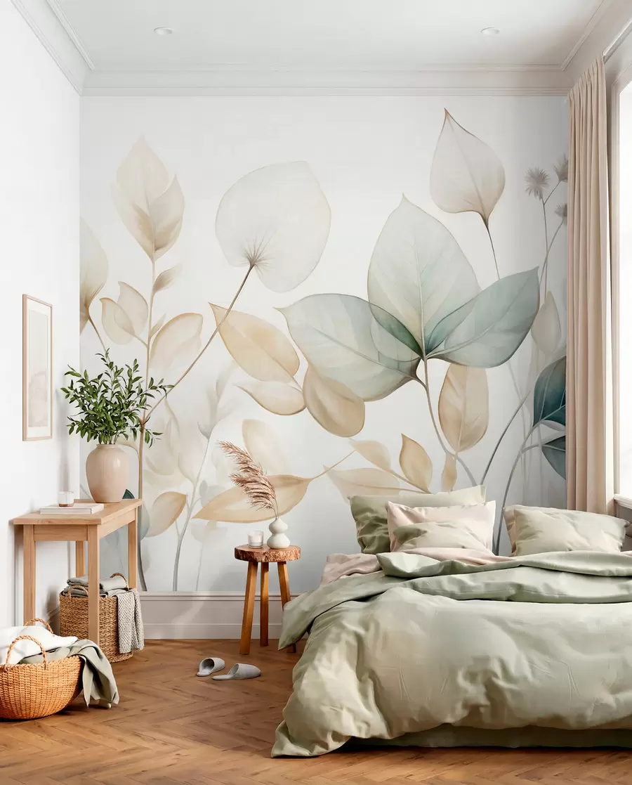 wall murals Текстурирани провидни листови у пригушеним тоновима беж и тиркизне боје, са нежним стабљикама на мекој, светлој позадини w09583