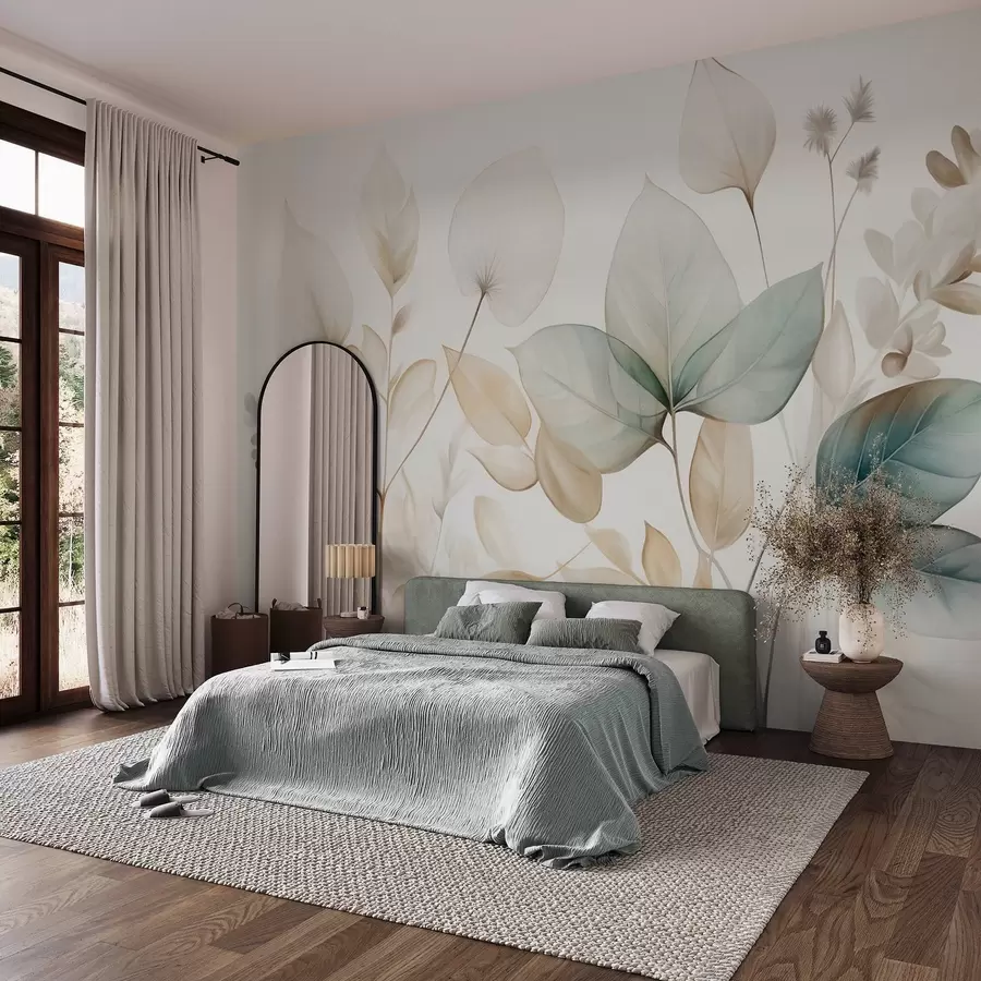 wall murals Текстурирани провидни листови у пригушеним тоновима беж и тиркизне боје, са нежним стабљикама на мекој, светлој позадини w09583