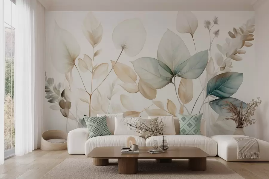 wall murals Текстурирани провидни листови у пригушеним тоновима беж и тиркизне боје, са нежним стабљикама на мекој, светлој позадини w09583