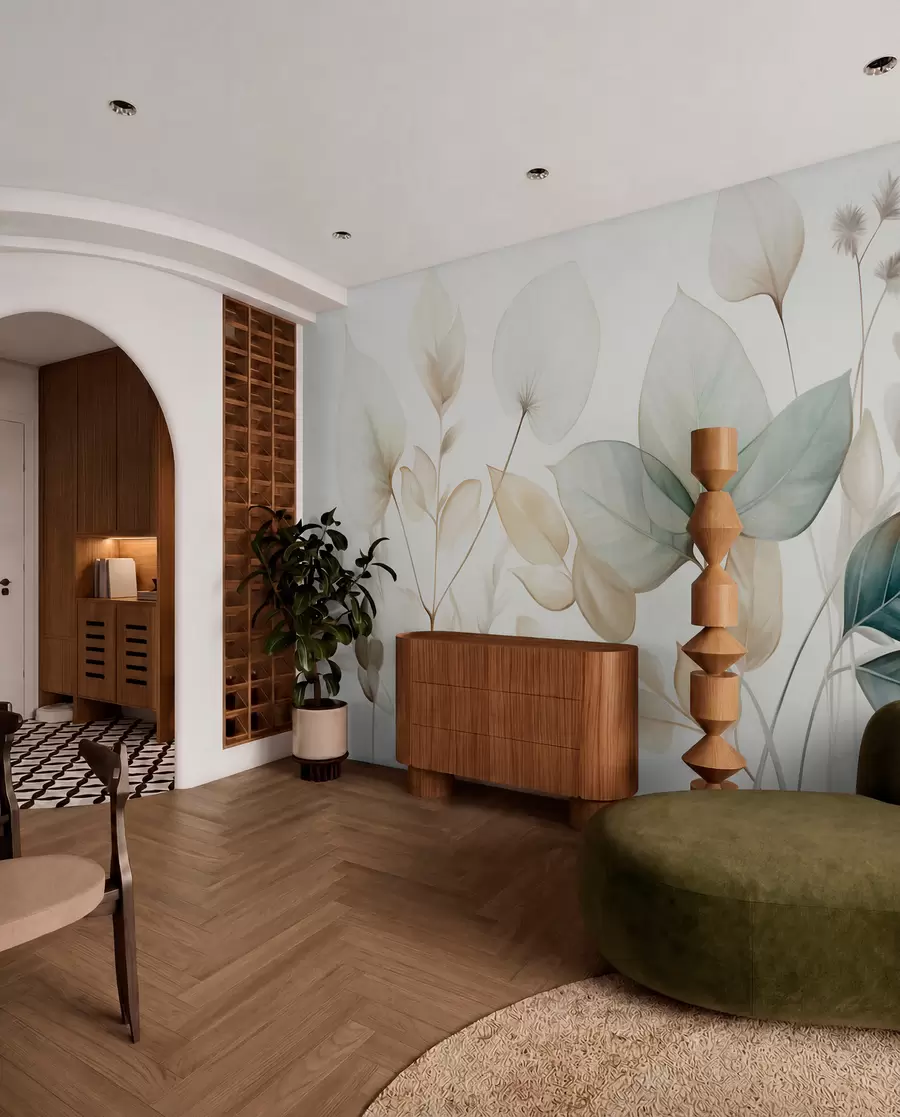 wall murals Текстурирани провидни листови у пригушеним тоновима беж и тиркизне боје, са нежним стабљикама на мекој, светлој позадини w09583