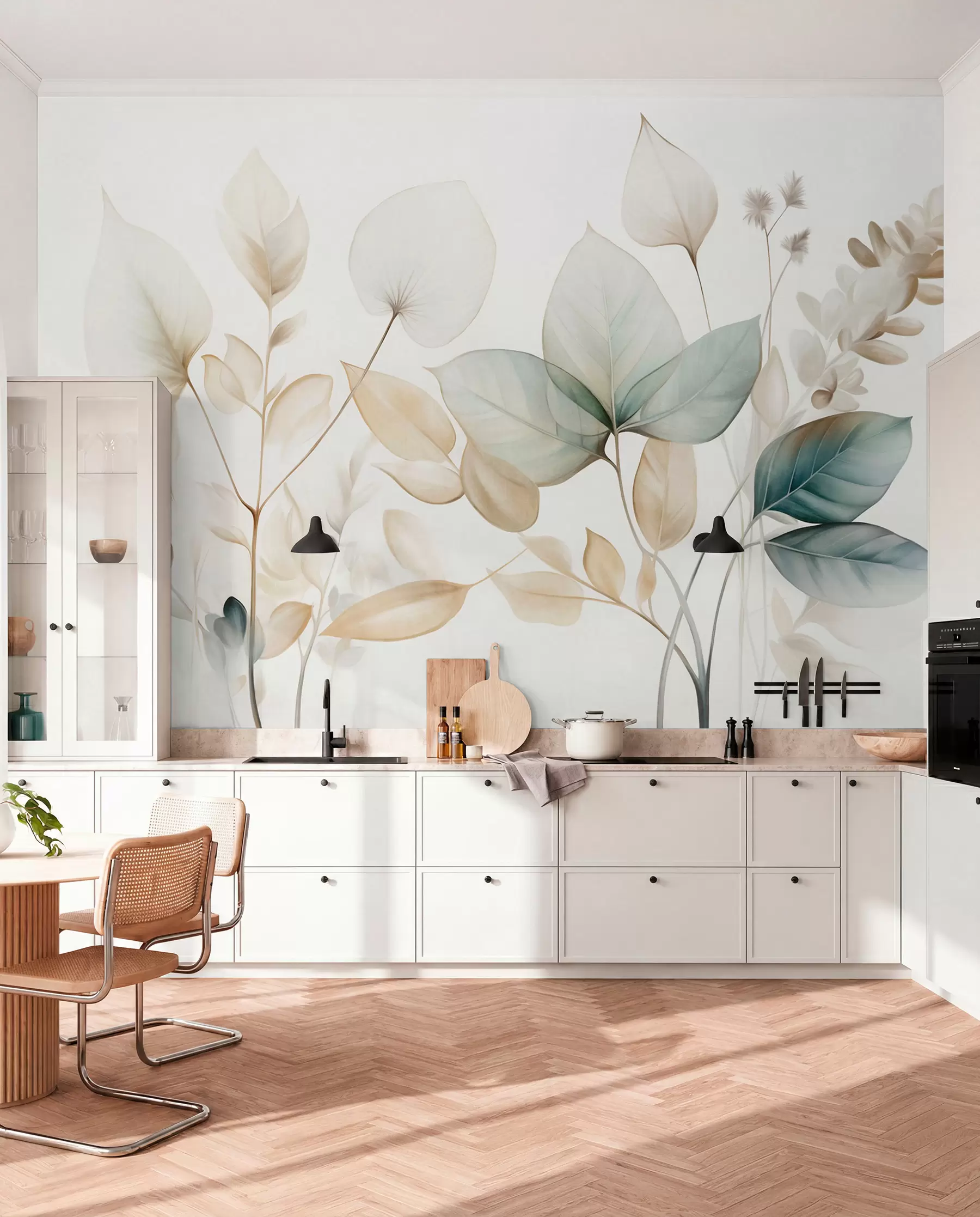 wall murals Текстурирани провидни листови у пригушеним тоновима беж и тиркизне боје, са нежним стабљикама на мекој, светлој позадини w09583