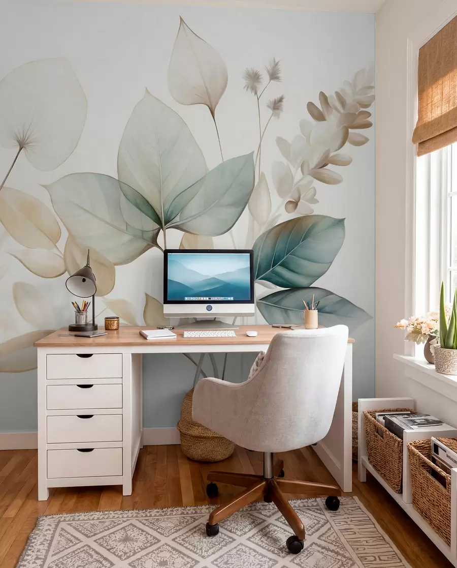 wall murals Текстурирани провидни листови у пригушеним тоновима беж и тиркизне боје, са нежним стабљикама на мекој, светлој позадини w09583