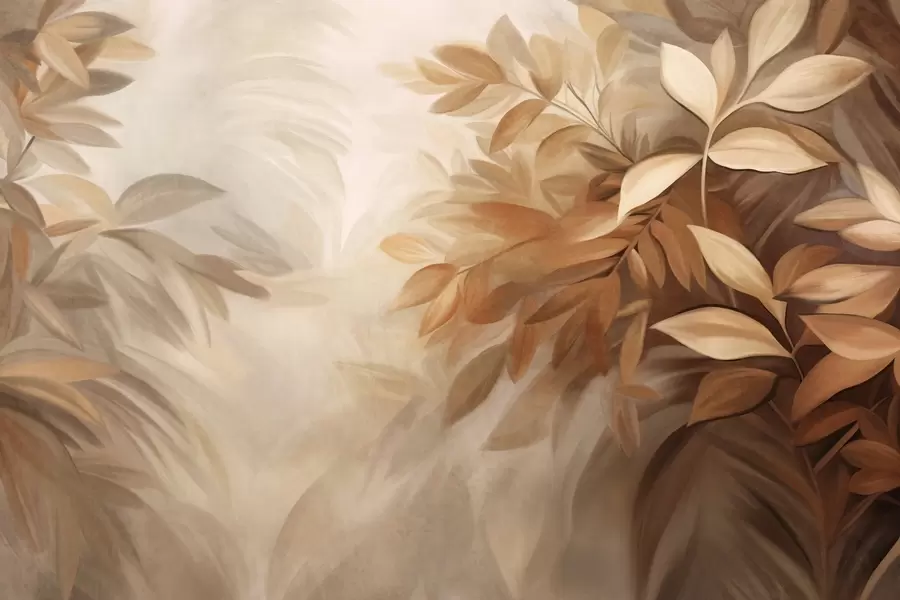 wall murals Смеђе и беж лишће са меким, замућеним текстурираним лишћем, у сликарском стилу са видљивим потезима четкице w09584