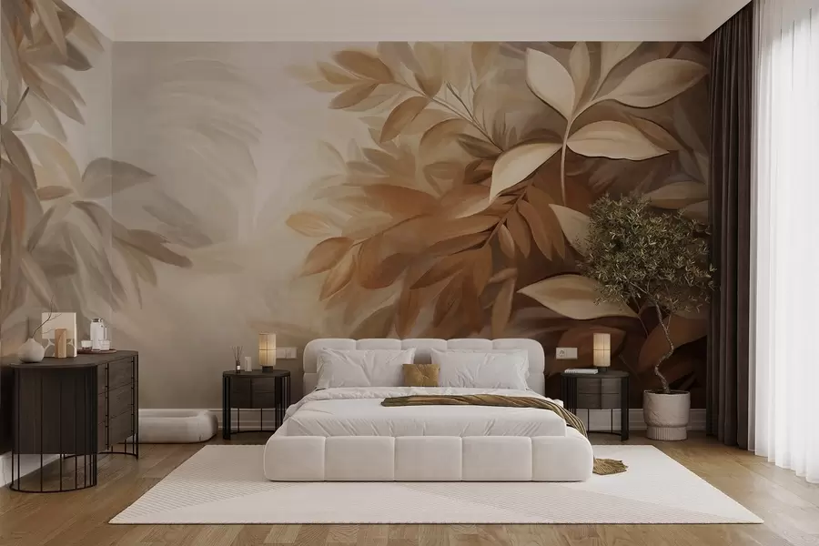 wall murals Смеђе и беж лишће са меким, замућеним текстурираним лишћем, у сликарском стилу са видљивим потезима четкице w09584